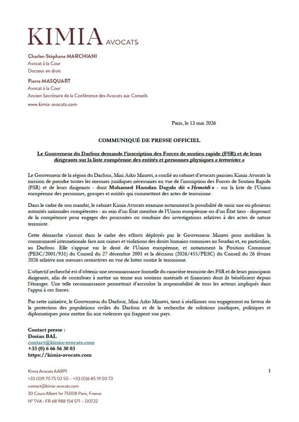 Première page du communiqué de presse Kimia Avocats du 13 mai 2026