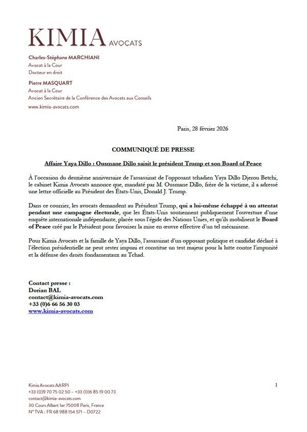 Première page du communiqué de presse Kimia Avocats du 28 février 2026